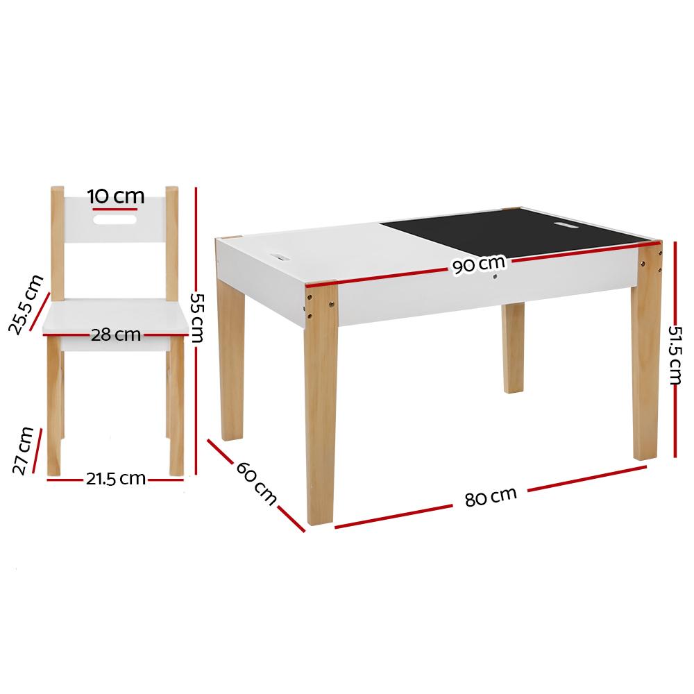 Keezi Kids Table and Chair Set featuring a reversible chalkboard top, eco-friendly materials, and four hidden storage compartments for children's toys.